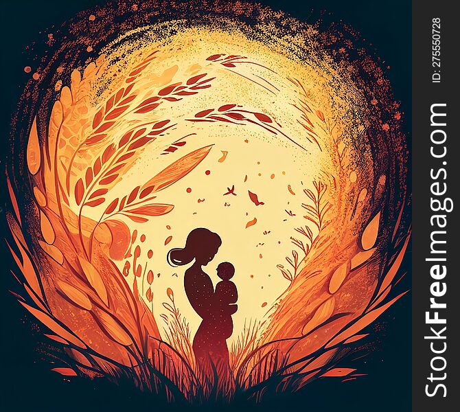 Silhouettes of mother and child surrounded by wheat ears. The mother holds the child in her arms.