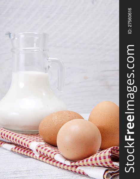 Staple foods in the kitchen, milk and eggs. Staple foods in the kitchen, milk and eggs