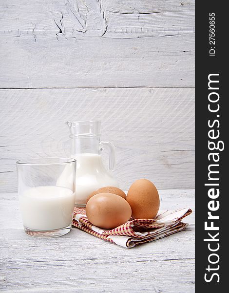 Staple foods in the kitchen, milk and eggs. Staple foods in the kitchen, milk and eggs