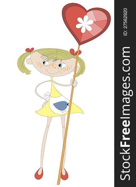 Funny girl holds in her hands a huge lollipop with heart-shaped. Funny girl holds in her hands a huge lollipop with heart-shaped