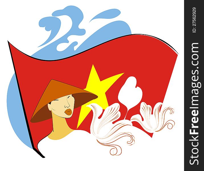 Image of Vietnamese in the wide-brimmed hat on the background of the national flag. Image of Vietnamese in the wide-brimmed hat on the background of the national flag