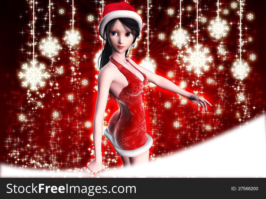 Illustration of a girl in christmas dress on colorful background with snowflakes. Illustration of a girl in christmas dress on colorful background with snowflakes.