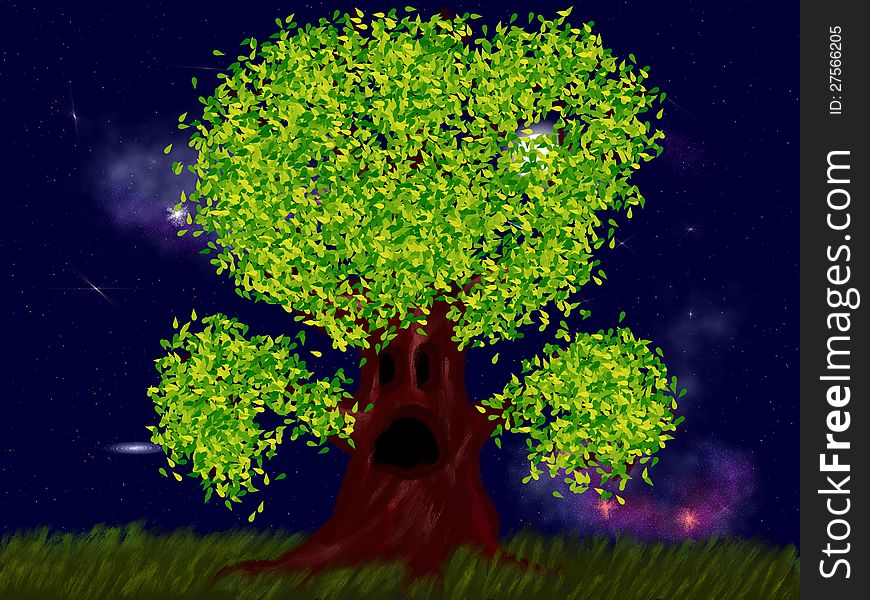 Illustration of creepy tree with green leaves at night. Halloween background. Illustration of creepy tree with green leaves at night. Halloween background