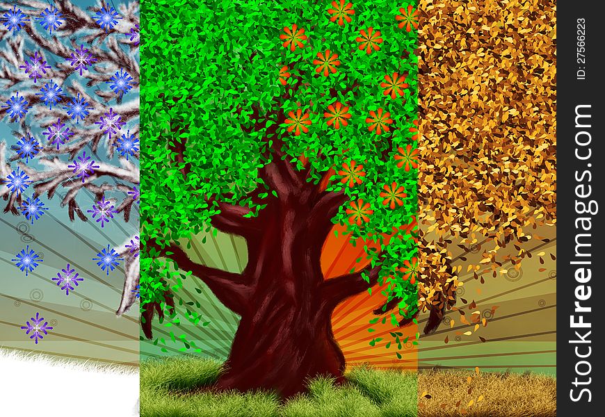 Abstract digital illustration of big fantasy tree, four season background. Abstract digital illustration of big fantasy tree, four season background.