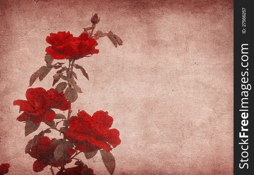 Grunge illustration of red roses on textured, paper background. Grunge illustration of red roses on textured, paper background.