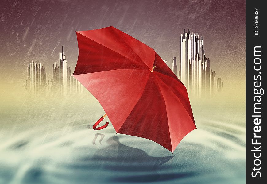 Abstract digital illustration of red umbrella and rainy weather.