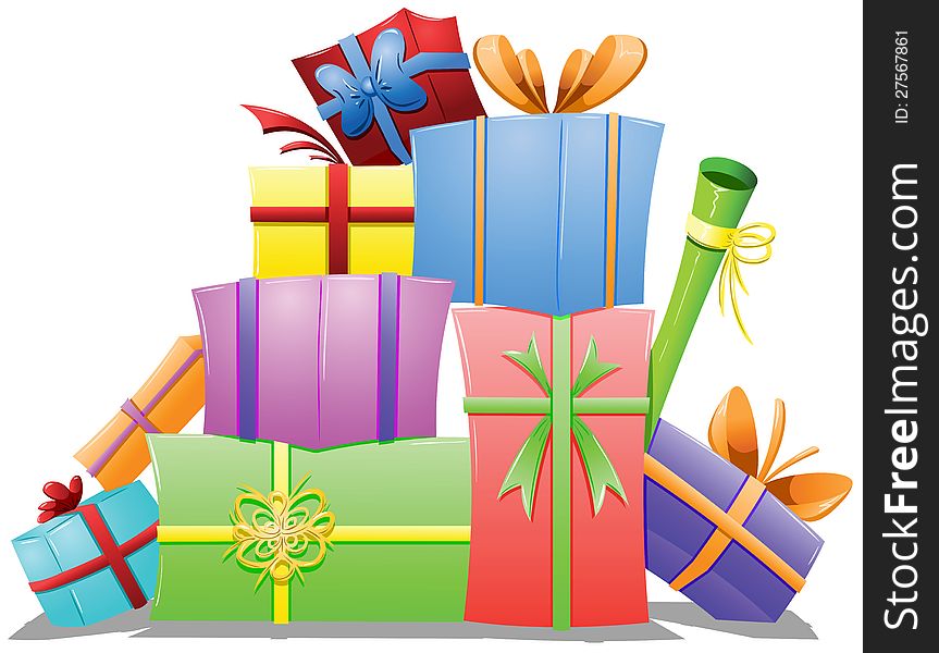 A vector illustration of a pile of gift boxes wrapped for the holidays.