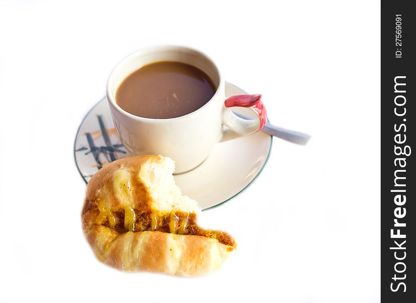 Coffee and bread breakfast isolated on white background