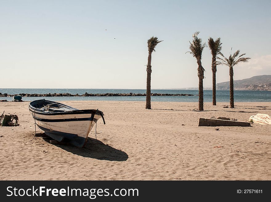 Traditional fishing boat on the beach at Almeria Spain