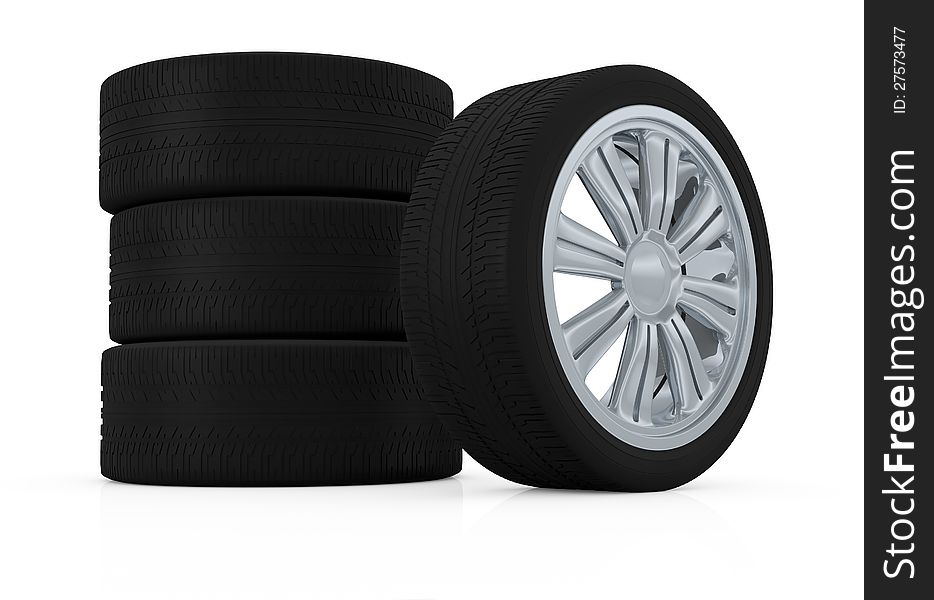 One stack of wheels with steel rims (3d render). One stack of wheels with steel rims (3d render)