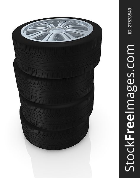 One stack of wheels with steel rims (3d render). One stack of wheels with steel rims (3d render)