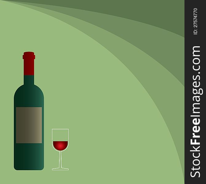 Wine bottle with a glass on green background