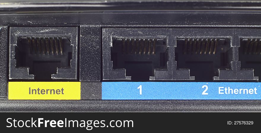 Router internet and ethernet ports closeup. Router internet and ethernet ports closeup