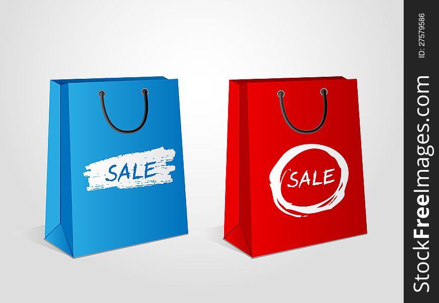 Two shopping bags in red and blue colors. Each has text Sale in front. Two shopping bags in red and blue colors. Each has text Sale in front.