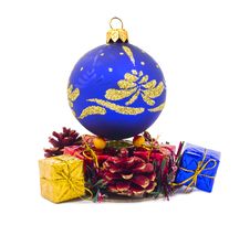 Christmas Blue Ball And Fancy Boxes Stock Photos Christmas Blue Ball And Fancy Boxes Stock Photos