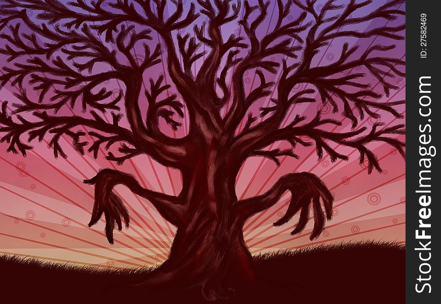 Abstract digital illustration of big leafless fantasy tree. Abstract digital illustration of big leafless fantasy tree.