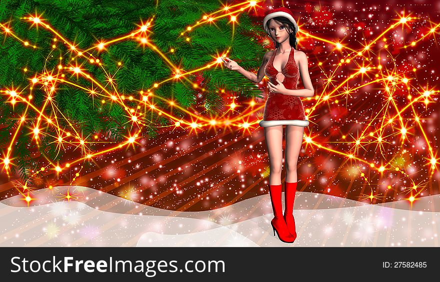 Christmas Background With Girl In Santa Hat