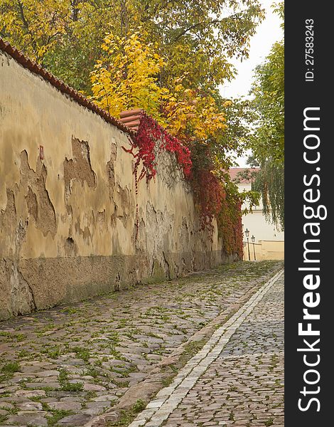 Autumn morning in an old streets of Prague.