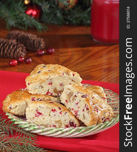 Holiday cranberry nut scones with Christmas decorations. Holiday cranberry nut scones with Christmas decorations