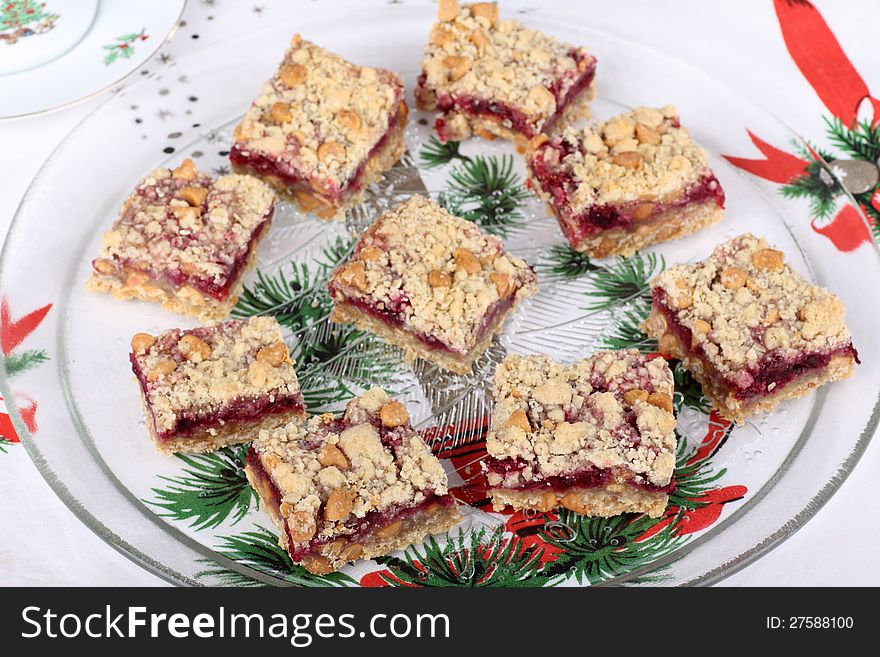 Platter of cranberry and peanut butter bars. Platter of cranberry and peanut butter bars