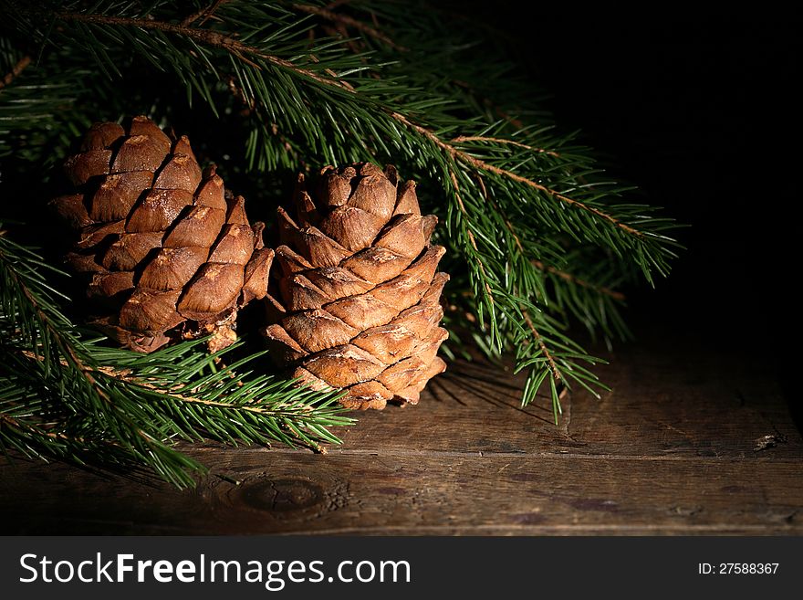 Pair of cedar cones under fir twigs on wooden surface