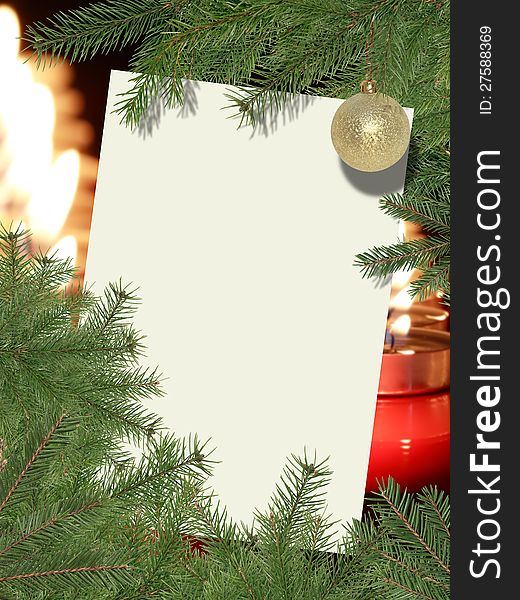 Christmas decoration. Blank paper for text between fir twigs on background with candles. Christmas decoration. Blank paper for text between fir twigs on background with candles