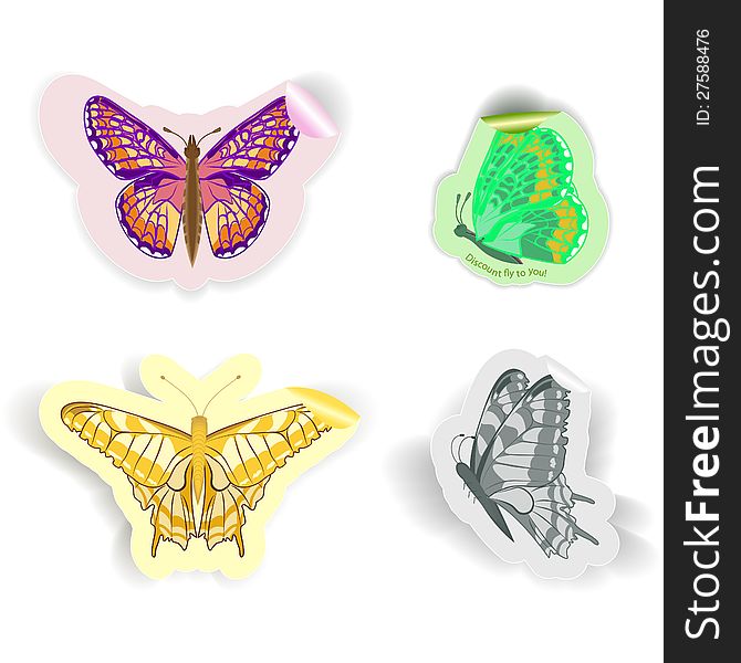 A set of four stickers in the form of butterflies of different colors. A set of four stickers in the form of butterflies of different colors