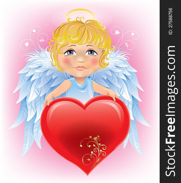 Angel little boy and Valentine's Day heart. Illustration contains transparent object. EPS 10. Angel little boy and Valentine's Day heart. Illustration contains transparent object. EPS 10.