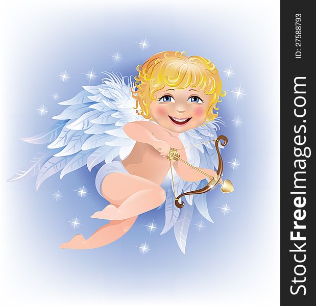 Cupid shoots gold arrow. Illustration contains transparent object. EPS 10.