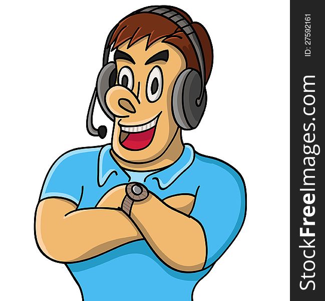 Illustration of a man with headphone and mic talking to a customer. . Illustration of a man with headphone and mic talking to a customer.