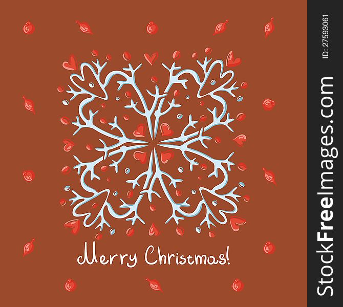 Merry Christmas card with snowflake and hearts