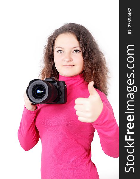 She likes to be a photographer isolated on white background