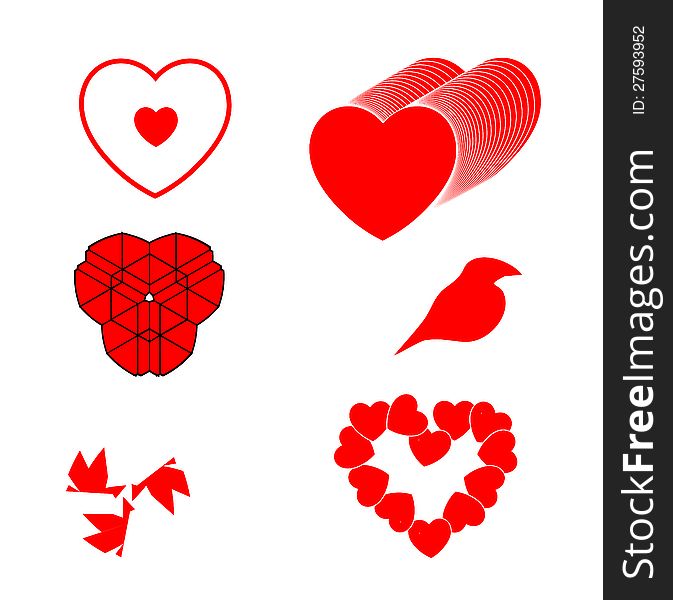 Set different red hearts bird and symbols