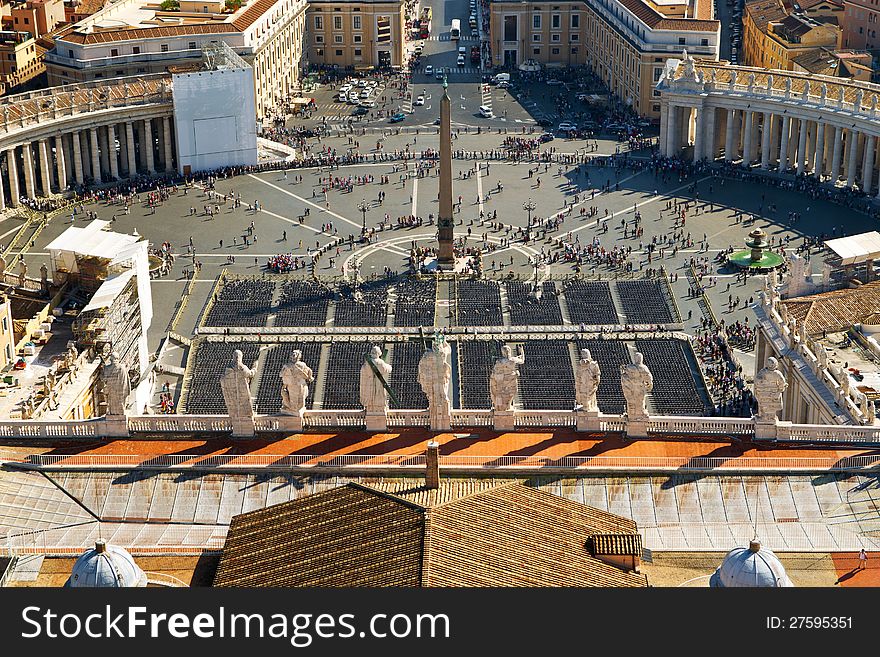 View of St Peter's Square from dome of St. Peter`s Basilica, Rome, Italy. View of St Peter's Square from dome of St. Peter`s Basilica, Rome, Italy