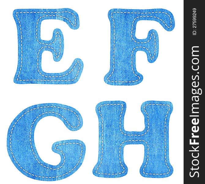 Alphabet blue jean craft stick on white background ( E F G H ). Alphabet blue jean craft stick on white background ( E F G H )