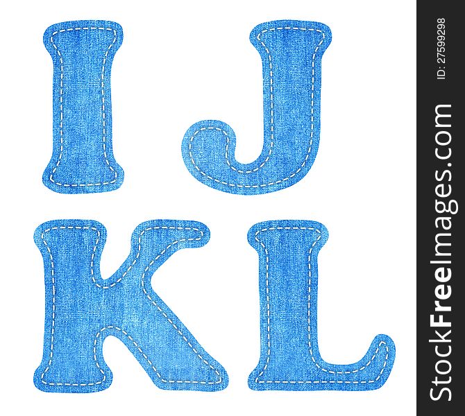 Alphabet blue jean craft stick on white background ( I J K L ). Alphabet blue jean craft stick on white background ( I J K L )