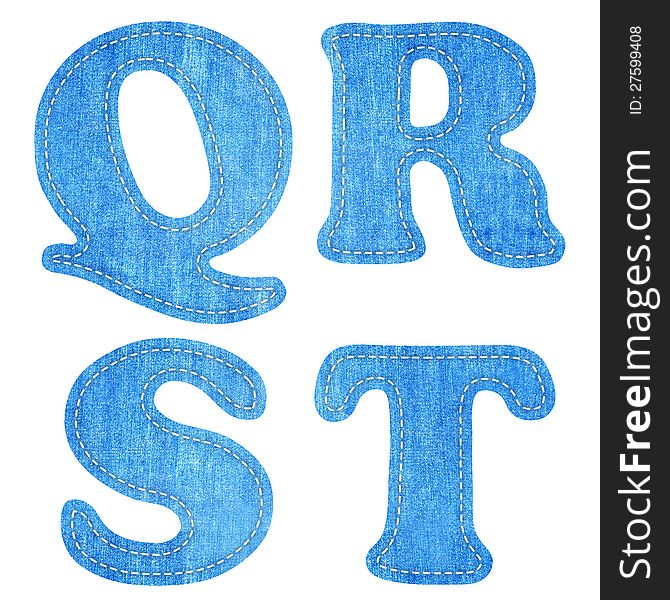 Alphabet  blue jean craft stick on white background (Q R S T )