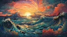 Generative AI, Ocean In The Sunset Linear Illustration, Psychedelic Manga Style, Highly Detailed. Stock Photo