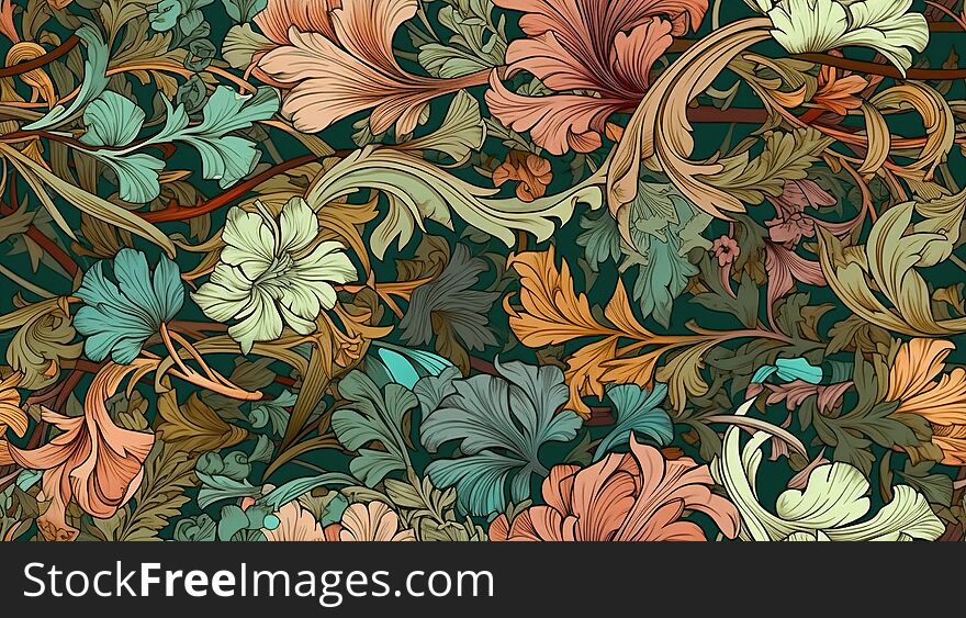 Generative AI, Floral colorful pattern. William Morris inspired natural plants and flowers background, vintage illustration. Foliage ornament