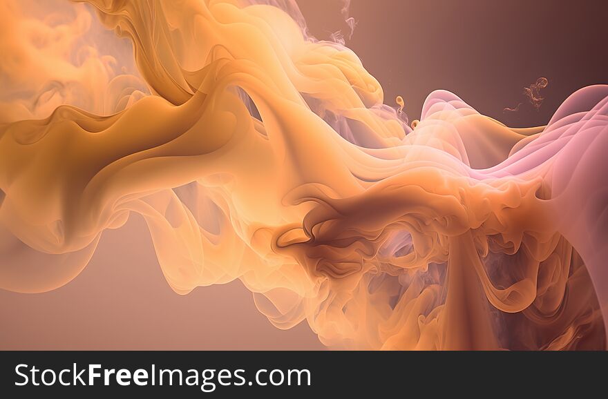 Generative AI, Flowing light apricot crush smoke with splashes. Soft fluid banner, spring female mood, 3D effect, modern macro realistic abstract background illustration, ink in water effect