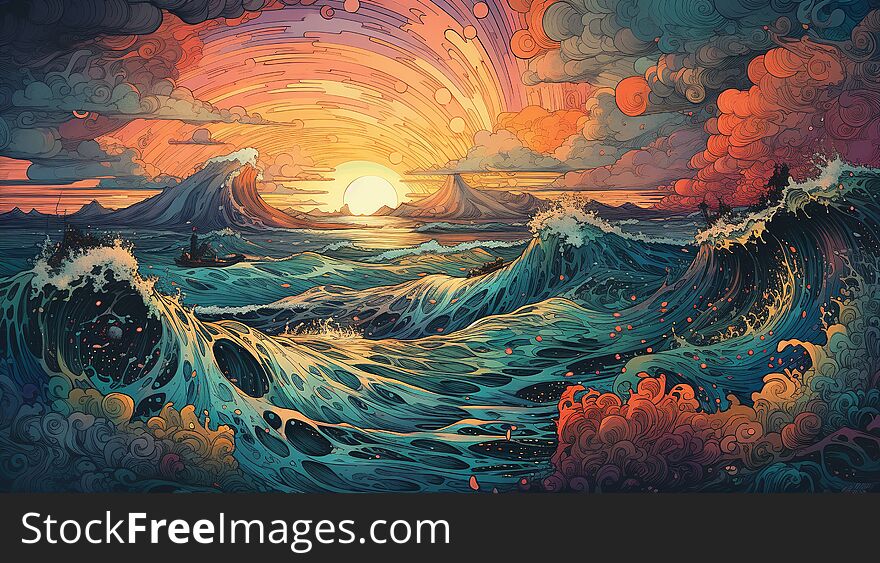 Generative AI, Ocean In The Sunset Linear Illustration, Psychedelic Manga Style, Highly Detailed.