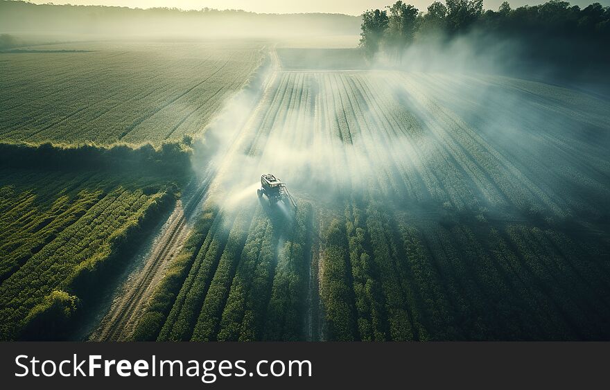 Generative AI, Farm agriculture watered or pesticides spray green fields. Irrigation equipment system, aerial view