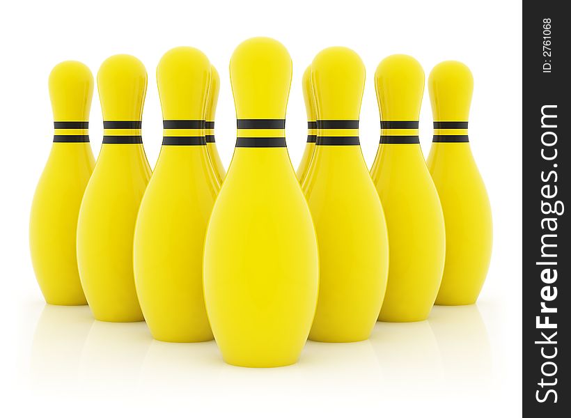 Ten yellow bowling pins on white background
