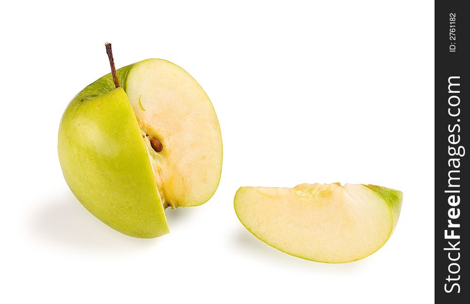 Sliced green ripe apple isolated on white background. Sliced green ripe apple isolated on white background