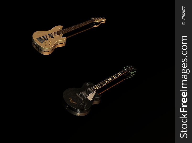 An picture of 2 guitars on a black glass surface showing the guitars reflection.