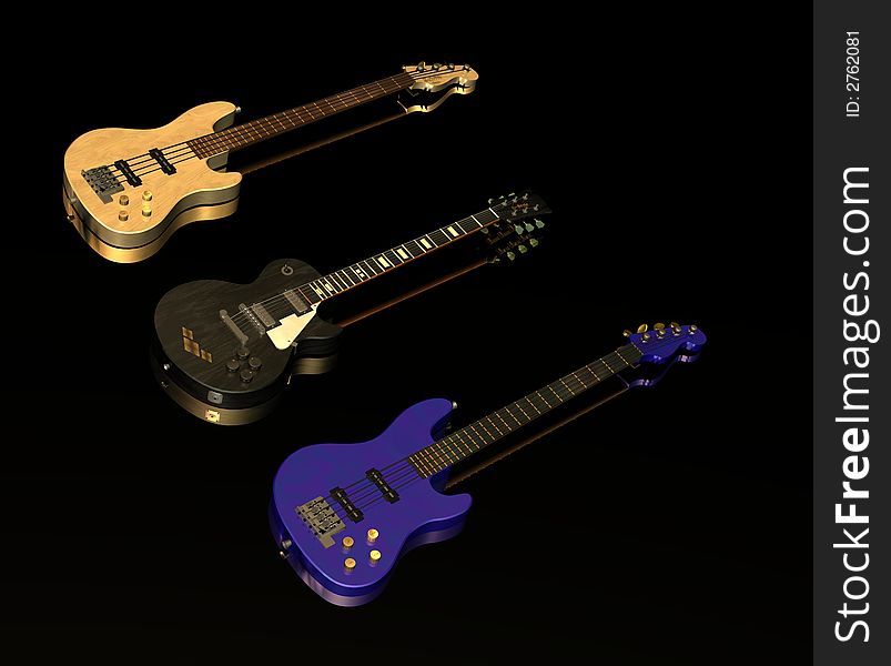 An picture of 3 guitars on a black glass surface showing the guitars reflection.