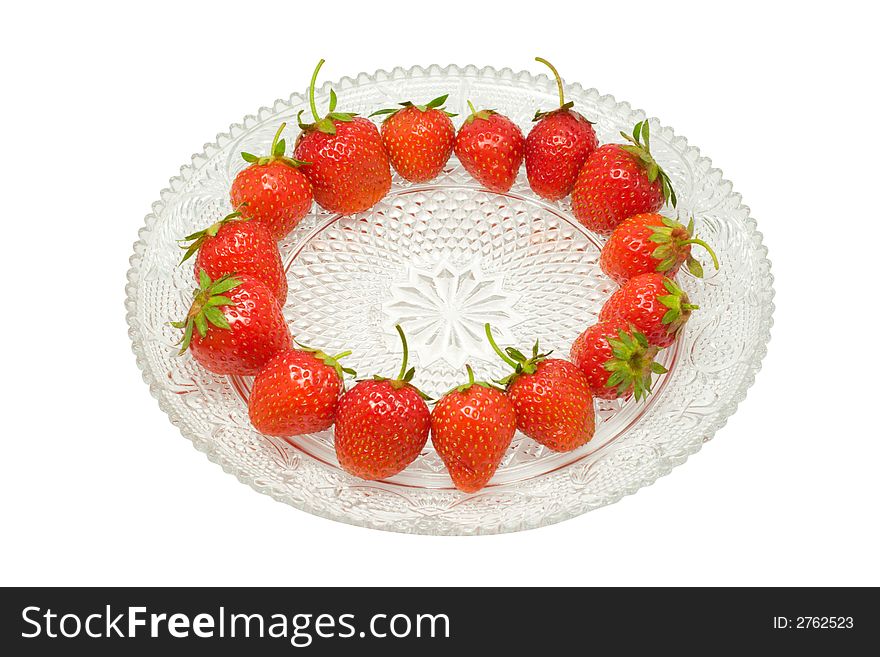 Strawberries on a glass dish, isolated on white background. Strawberries on a glass dish, isolated on white background