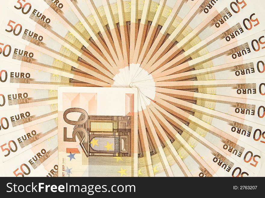 Arranged brownish fifty Euro banknotes. Arranged brownish fifty Euro banknotes.