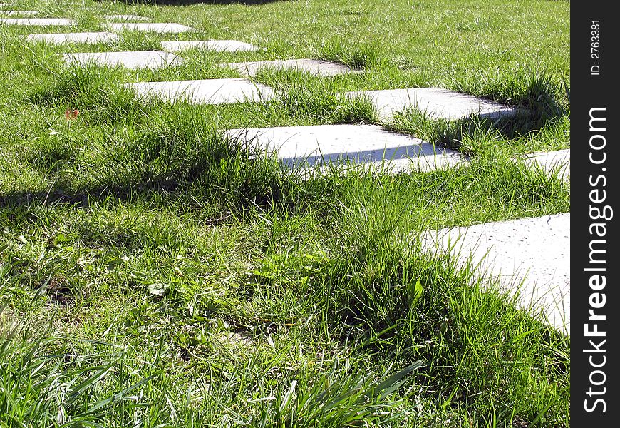 The path from pavement plates on the lawn. The path from pavement plates on the lawn