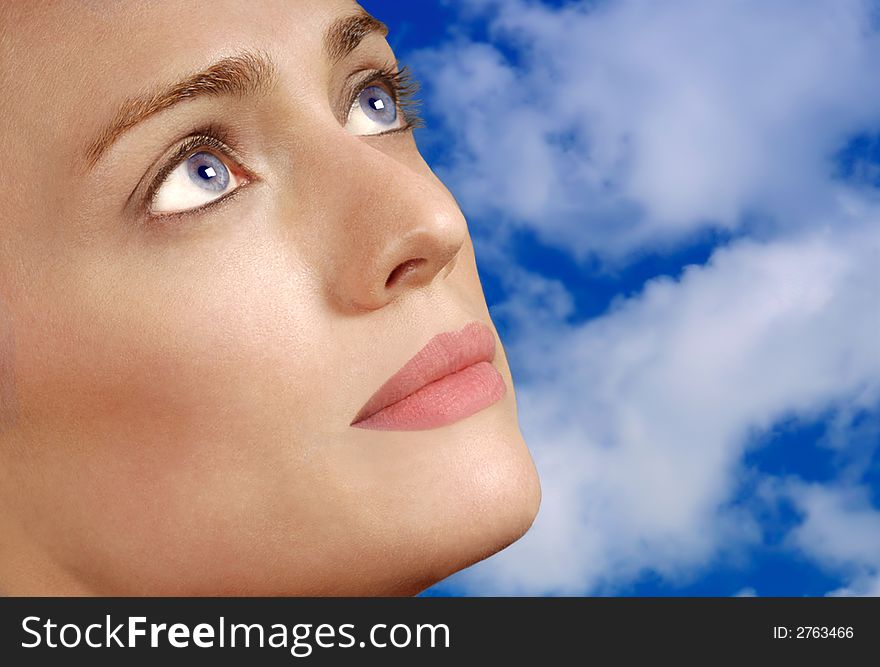Closeup Portrait of High Fashion Model with sky. Closeup Portrait of High Fashion Model with sky